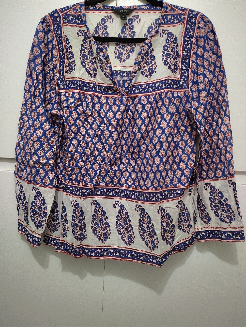 J.Crew French Country Peasant Blouse Red White Blue Paisley Boho Top Size 12